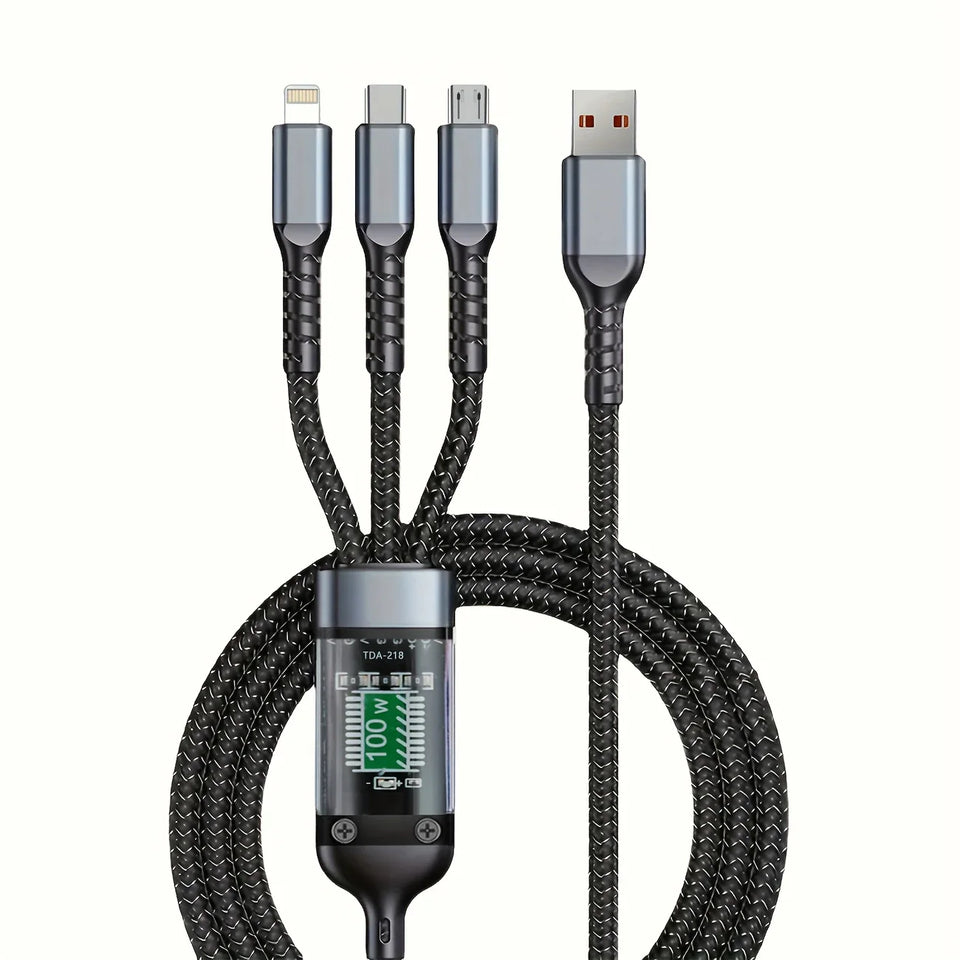 ðŸ”Œ3-in-1 Fast Charging Cable with LED Display â€“ 100W Power, Universal USB Type-C, Micro & Lightning Support