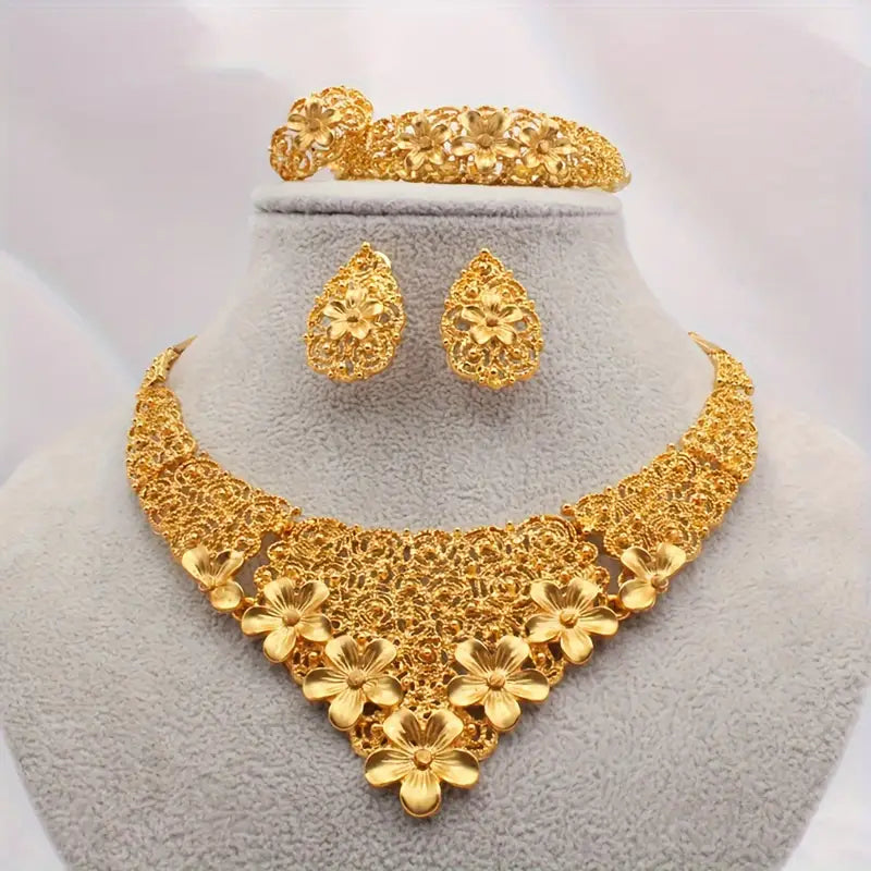 💛 24K Gold Plated Wedding Jewelry Set – Elegant 5-Piece Bridal Glam 💍✨