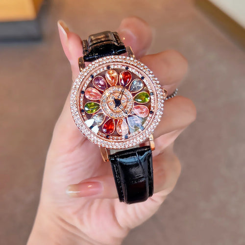 ✨ Fashionable Women’s Quartz Watch ⌚ | Colorful Rhinestone 🌈 | Rotating Dial 💫 | PU Leather Strap 👜 | Everyday & Date Night Ready 💖
