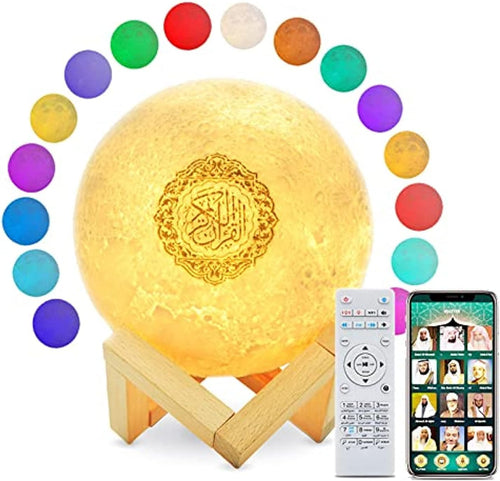 Portable Bluetooth Speaker, 4 in 1 Quran Speaker with 16 Colors 3D Print Moon Lamp Night Light, Quran Recitation and Song FM Broadcast