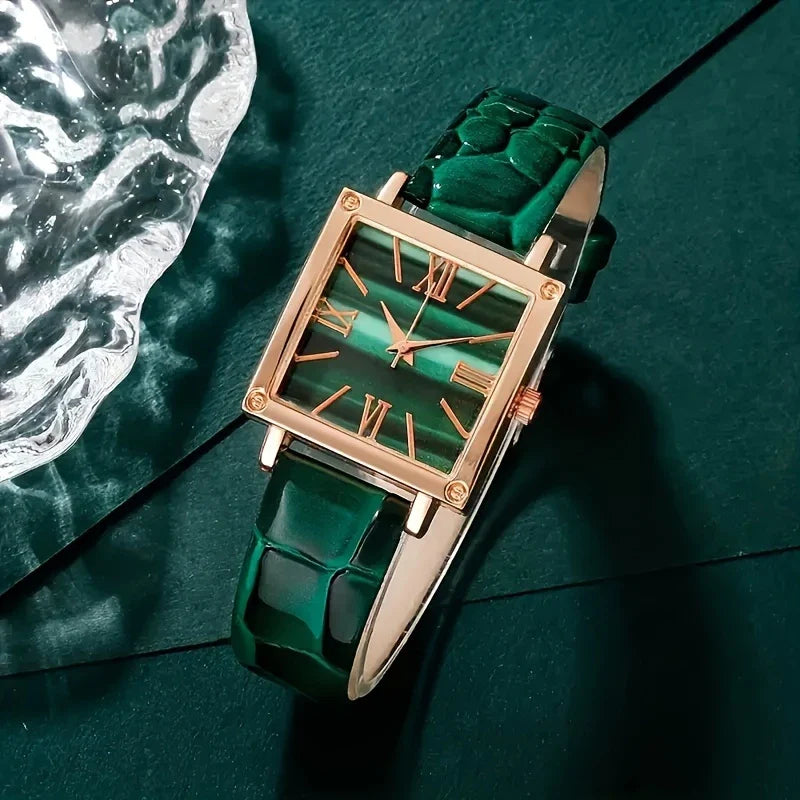 💚 Elegant Green Quartz Watch & Jewelry Set – 1pc/5pcs | Eid Gift for Her ✨