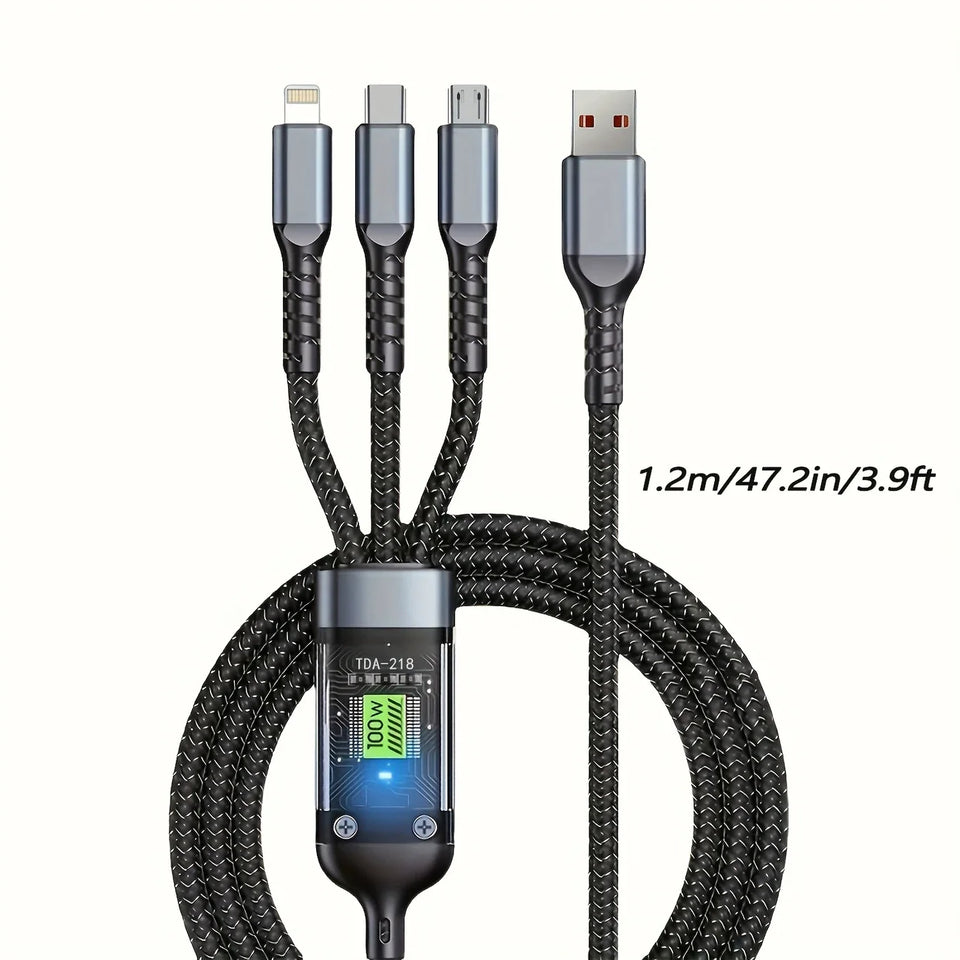ðŸ”Œ3-in-1 Fast Charging Cable with LED Display â€“ 100W Power, Universal USB Type-C, Micro & Lightning Support