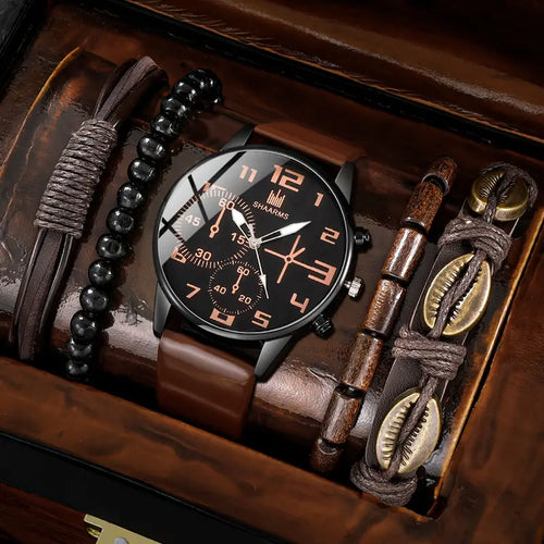 🕰️ 5pcs Men’s Fashion Quartz Watch & Bracelet Set – Sleek Style for the Modern Gentleman 💼✨