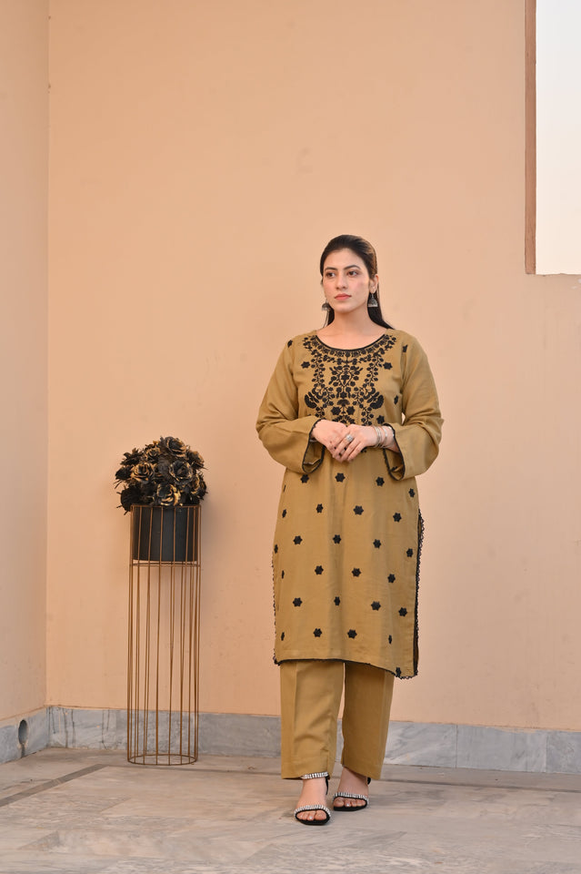 Elegant Mustard 2-Piece Embroidered Summer Cotton Suit for Women
