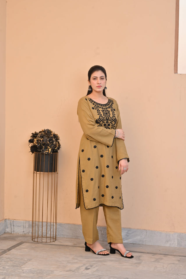 Elegant Mustard 2-Piece Embroidered Summer Cotton Suit for Women