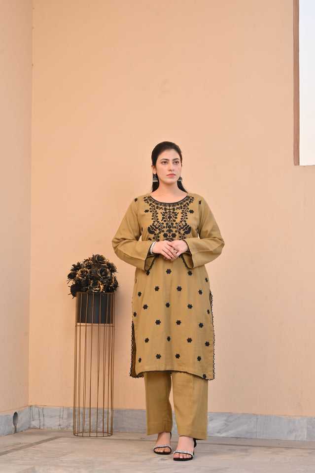 Elegant Mustard 2-Piece Embroidered Summer Cotton Suit for Women