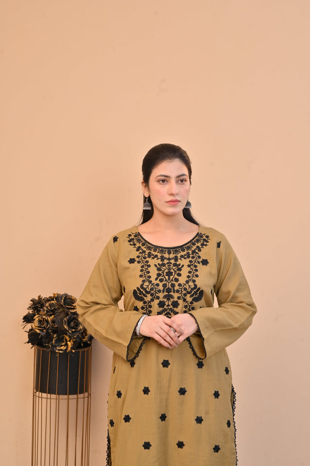Elegant Mustard 2-Piece Embroidered Summer Cotton Suit for Women