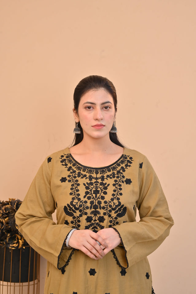 Elegant Mustard 2-Piece Embroidered Summer Cotton Suit for Women