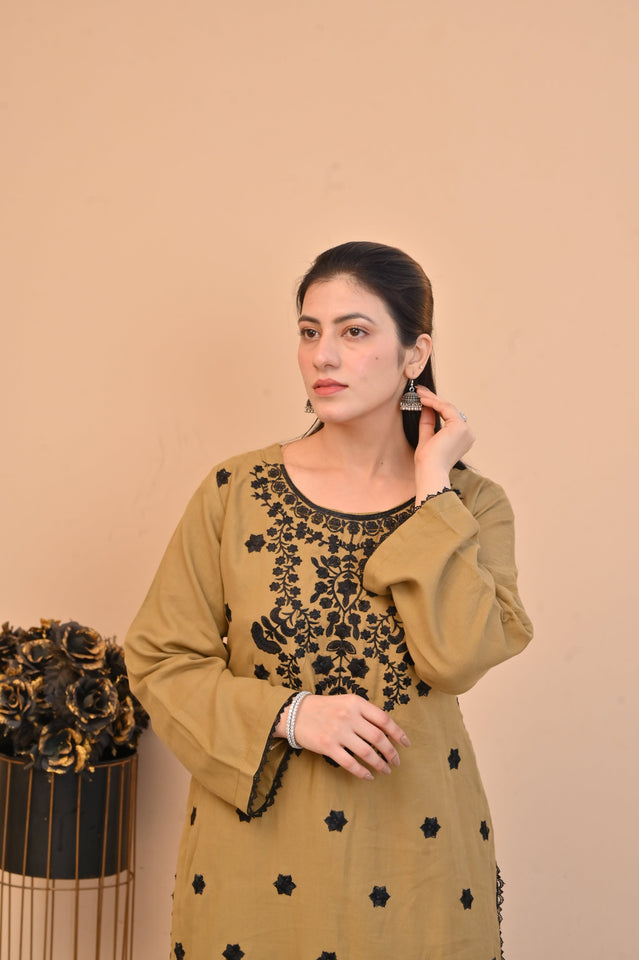 Elegant Mustard 2-Piece Embroidered Summer Cotton Suit for Women