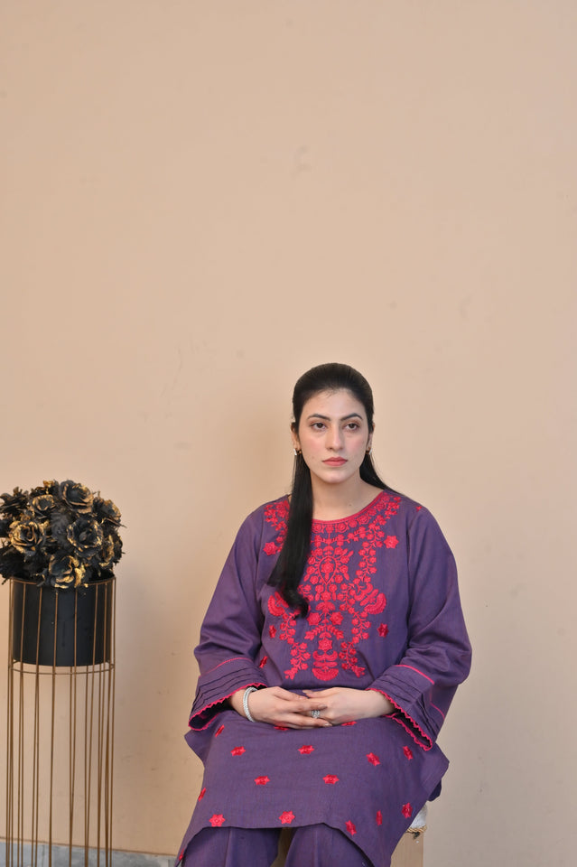 Elegant Purple 2-Piece Embroidered Cotton Suit for Women