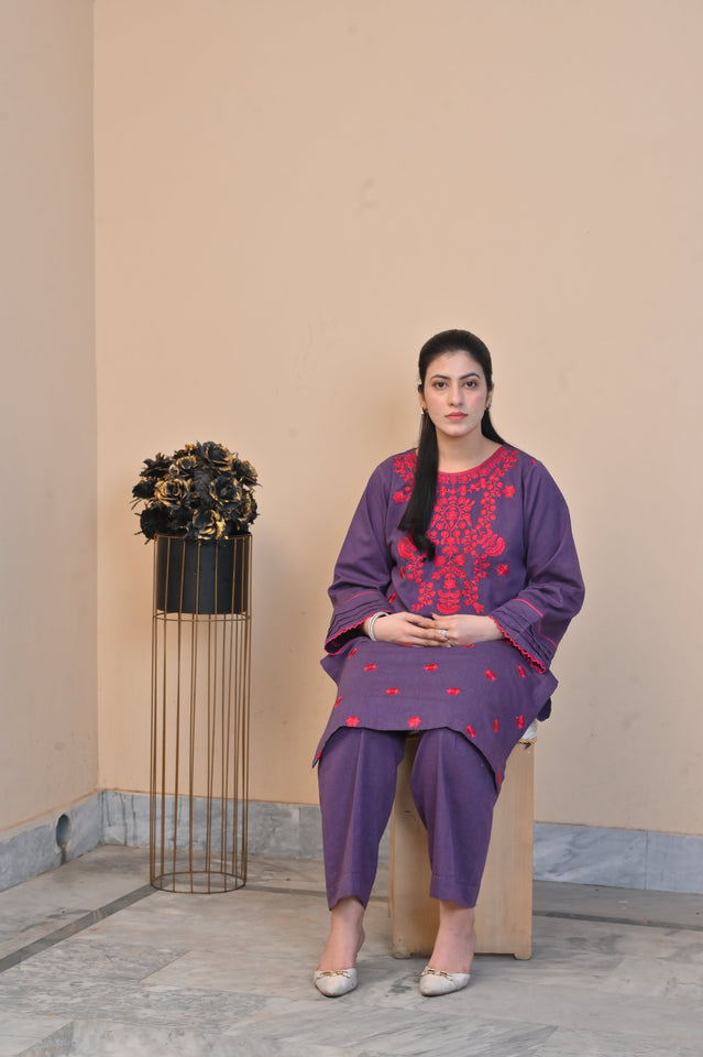 Elegant Purple 2-Piece Embroidered Cotton Suit for Women