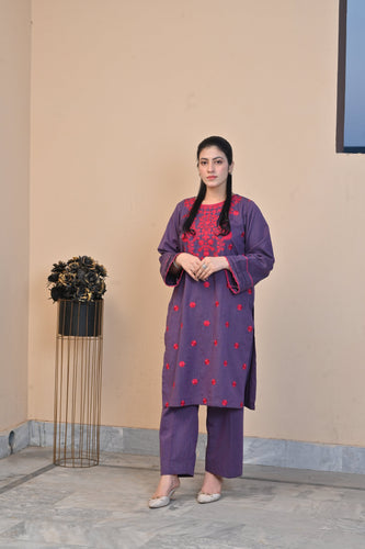 Elegant Purple 2-Piece Embroidered Cotton Suit for Women