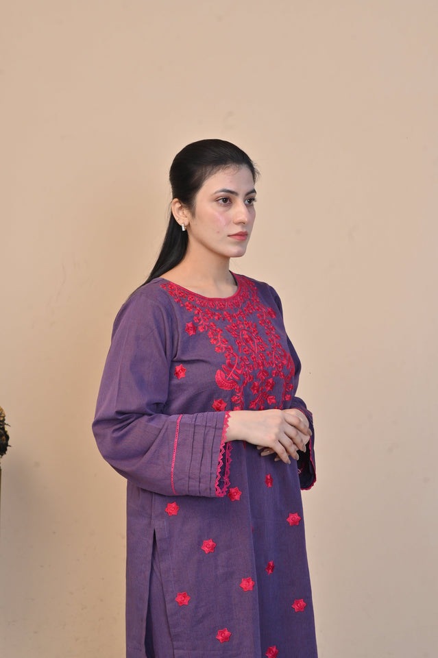 Elegant Purple 2-Piece Embroidered Cotton Suit for Women