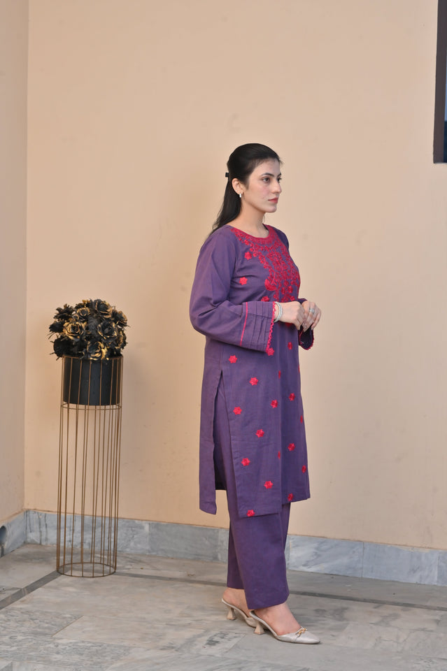 Elegant Purple 2-Piece Embroidered Cotton Suit for Women
