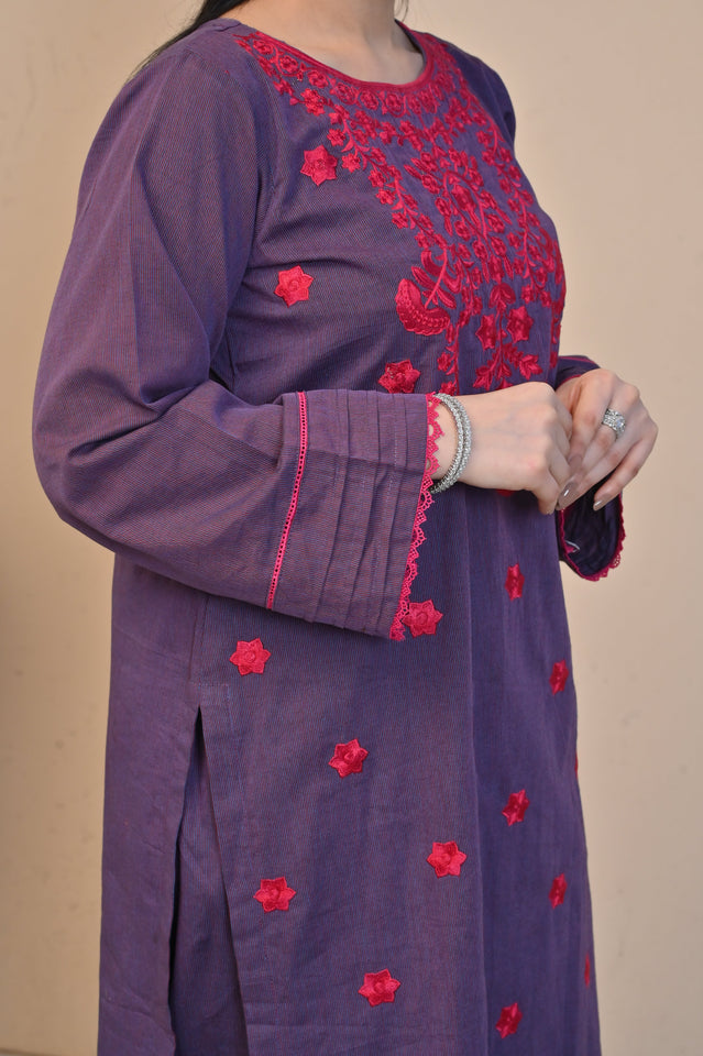 Elegant Purple 2-Piece Embroidered Cotton Suit for Women