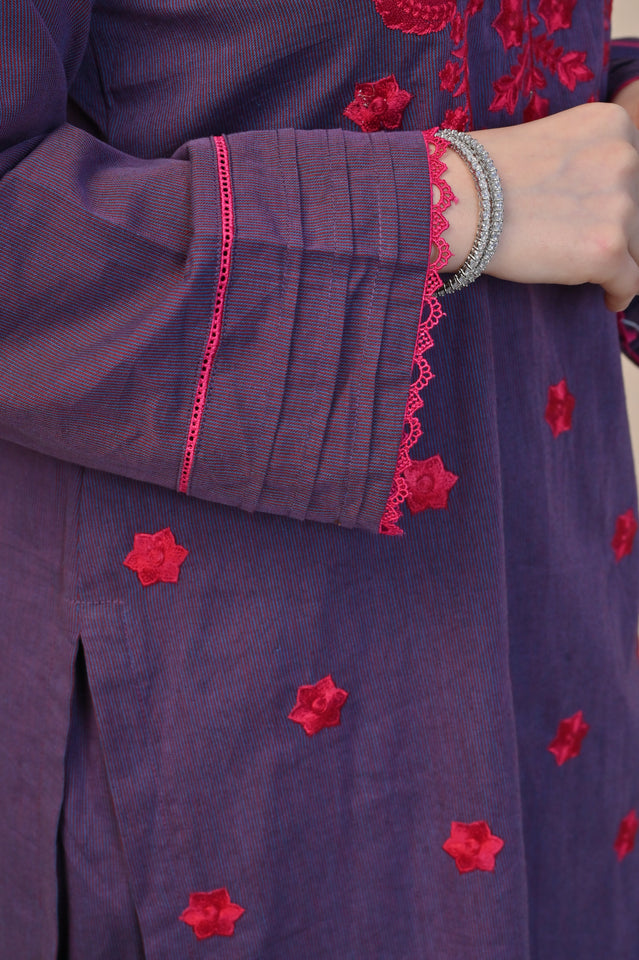 Elegant Purple 2-Piece Embroidered Cotton Suit for Women