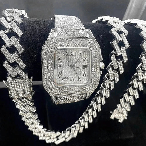 Luxury Iced Out Watch and Cuban Link Bracelet Set â€“ Bling Diamond Watch | Hip Hop Jewelry