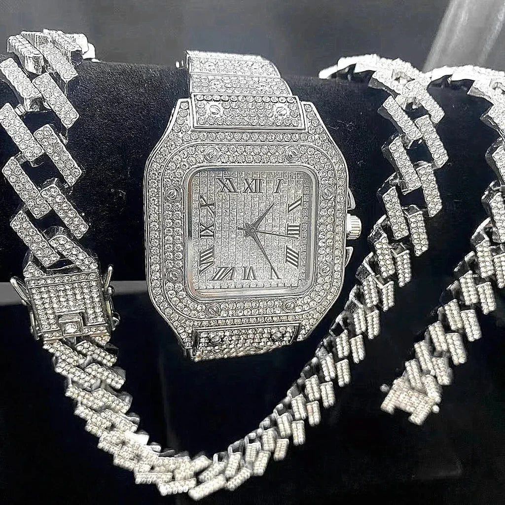 Luxury Iced Out Watch and Cuban Link Bracelet Set â€“ Bling Diamond Watch | Hip Hop Jewelry