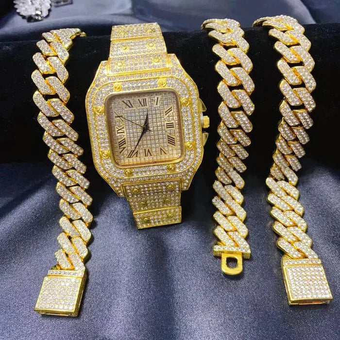 Luxury Iced Out Watch and Cuban Link Bracelet Set â€“ Bling Diamond Watch | Hip Hop Jewelry