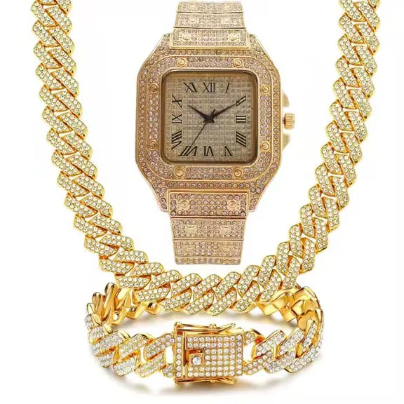 Luxury Iced Out Watch and Cuban Link Bracelet Set â€“ Bling Diamond Watch | Hip Hop Jewelry