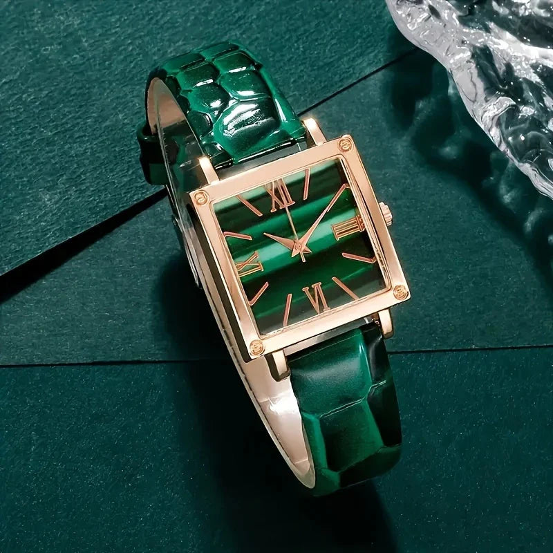 💚 Elegant Green Quartz Watch & Jewelry Set – 1pc/5pcs | Eid Gift for Her ✨