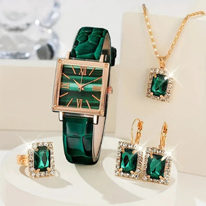 💚 Elegant Green Quartz Watch & Jewelry Set – 1pc/5pcs | Eid Gift for Her ✨