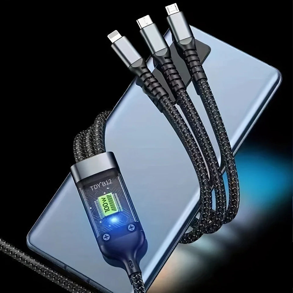 ðŸ”Œ3-in-1 Fast Charging Cable with LED Display â€“ 100W Power, Universal USB Type-C, Micro & Lightning Support