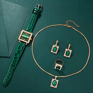 💚 Elegant Green Quartz Watch & Jewelry Set – 1pc/5pcs | Eid Gift for Her ✨