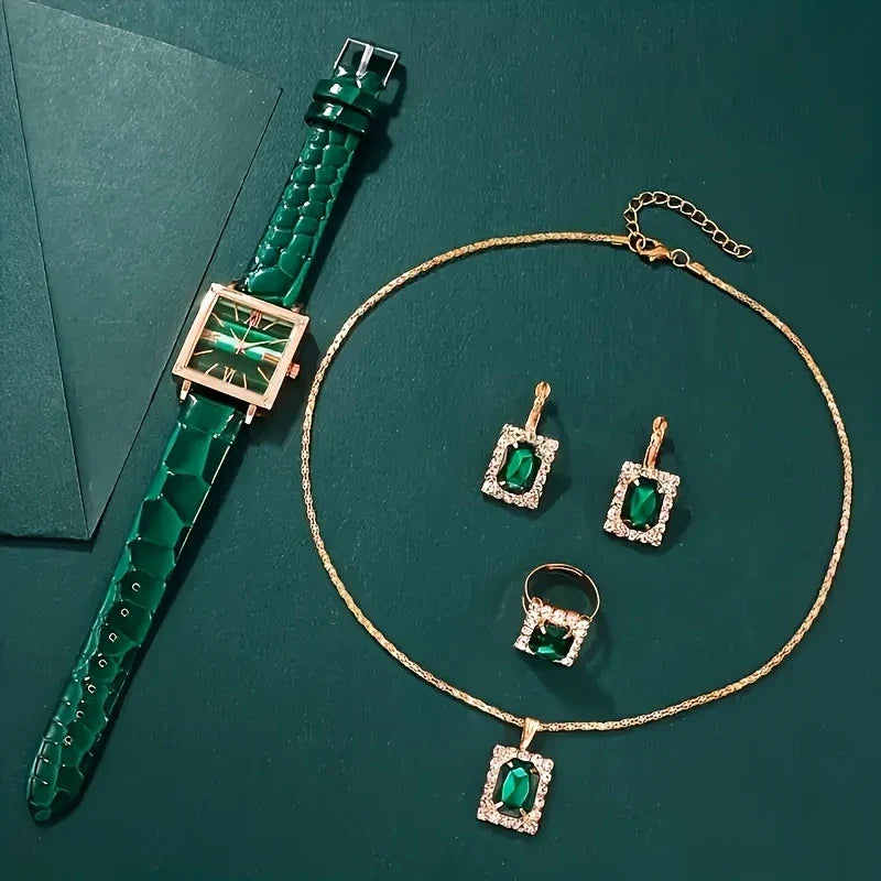 💚 Elegant Green Quartz Watch & Jewelry Set – 1pc/5pcs | Eid Gift for Her ✨