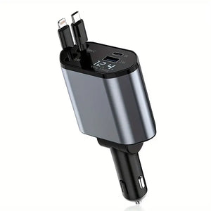 4-in-1 Fast Car Charger with Extendable 31.5" Cable, USB & Type-C Ports - Compatibility for Phone 16/15/14/13/12/11, More -Adjustable 180Â° Plug, Tangle-Free Design, Ideal for Dashboard Mounting, Car Charger Fast Charge